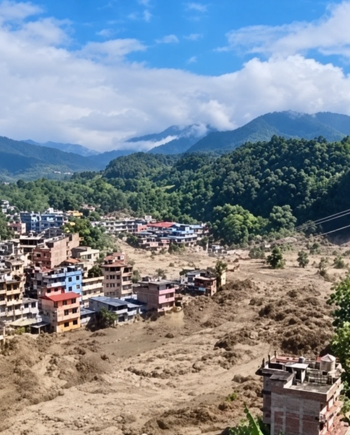 A village on a hillside overlooking an area covered in mud and debris following flooding