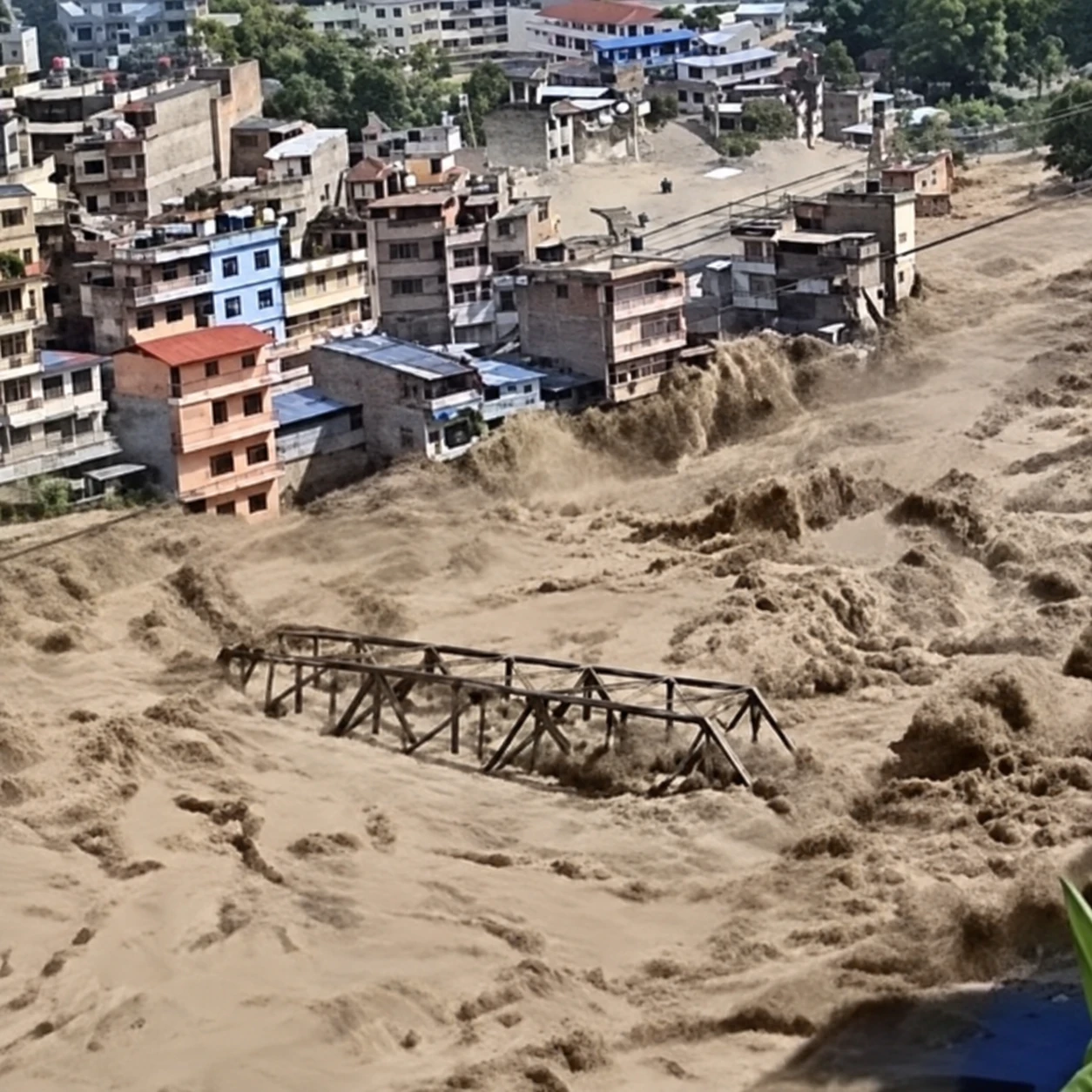 A metal footbridge submerged in mud and floodwater beside multi-storey buildings